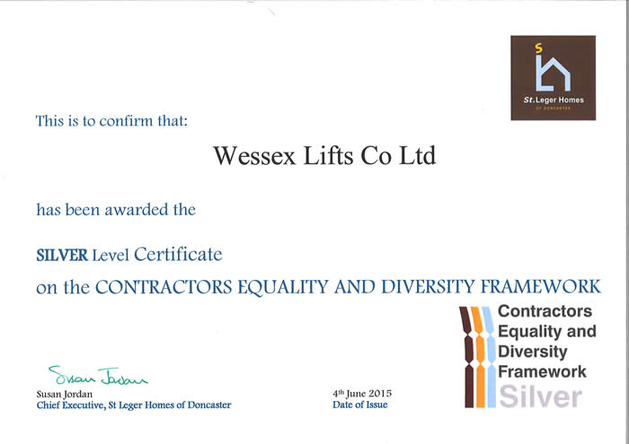 Wessex Lifts award certificate for equality and diversity